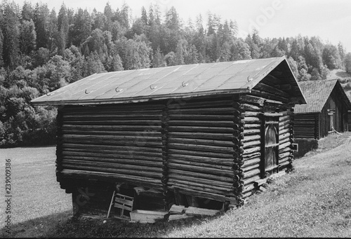 Old log huts for animal shelters in the Swiss Alps, with analogue photgraphy - 1 photo