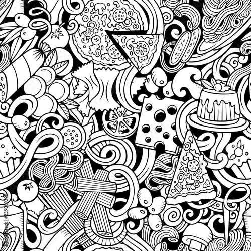 Cartoon cute doodles hand drawn Italian Food seamless pattern. S