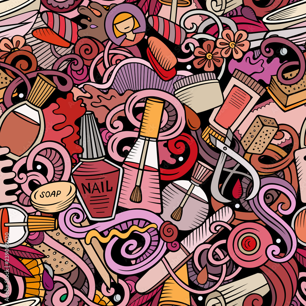 Manicure hand drawn doodles seamless pattern. Nails art background Manicure hand drawn doodles seamless pattern. Nails art background