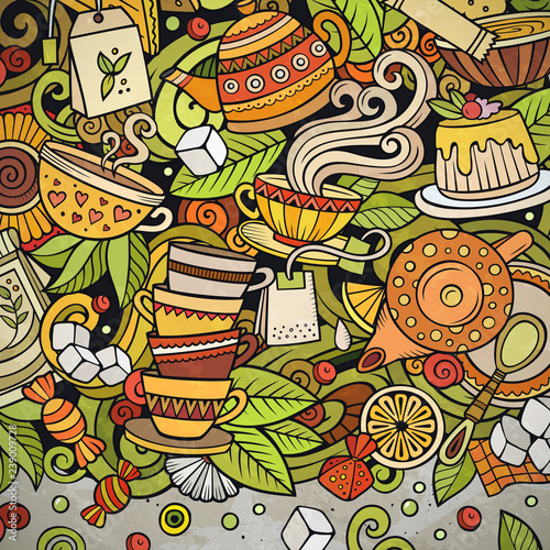 Cartoon vector doodles Tea time frame. Colorful, with lots of objects background