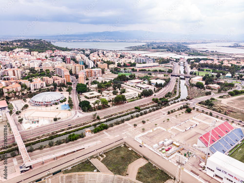 Fototapeta premium A drone view of old stadium and around area in Sardinia 