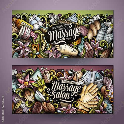 Massage hand drawn doodle banners set. Cartoon detailed flyers.