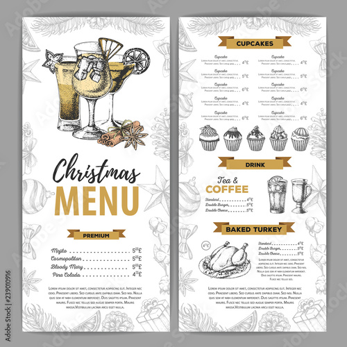 Hand drawing Christmas holiday menu design. Restaurant menu
