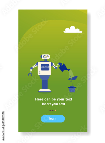 modern robot watering plant house helper bot futuristic artificial intelligence mechanism housekeeping technology flat vertical copy space