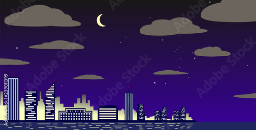 Night city landscape, skyscrapers, reflections on the water, partly cloudy sky with moon and stars.