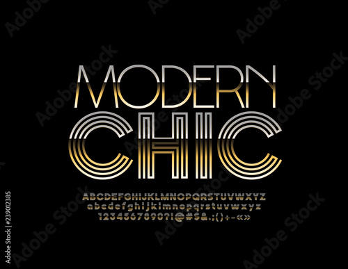 Vector Modern Chic Golden Alphabet Letters, Numbers and Symbols. Geometric stylish Font.