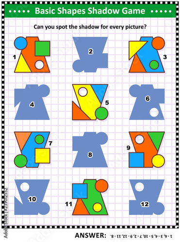 Educational math visual puzzle, basic shapes learning and practice themed: Match the pictures to their shadows. Answer included.
