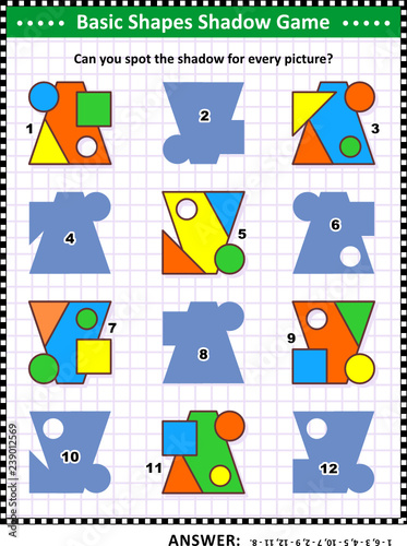 Educational math visual puzzle, basic shapes learning and practice themed: Match the pictures to their shadows. Answer included.
