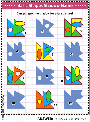 Educational math visual puzzle, basic shapes learning and practice themed: Match the pictures to their shadows. Answer included.
