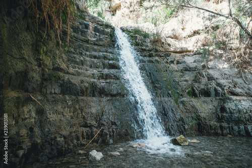 Great Falls Shulamit falls into a shallow pond with emerald water. Ein Gedi - Nature Reserve and National Park, Israel photo