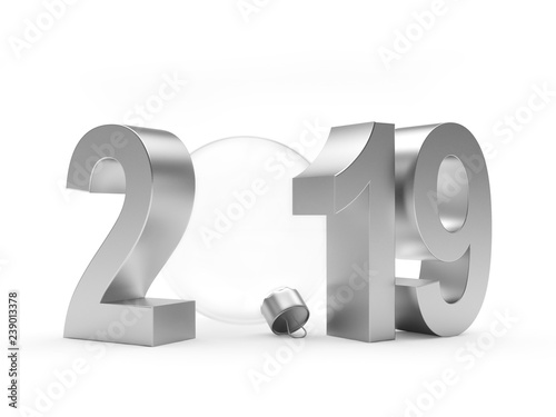 Silver number 2019 New Year and glass transparent Christmas ball on white. 3D illustration