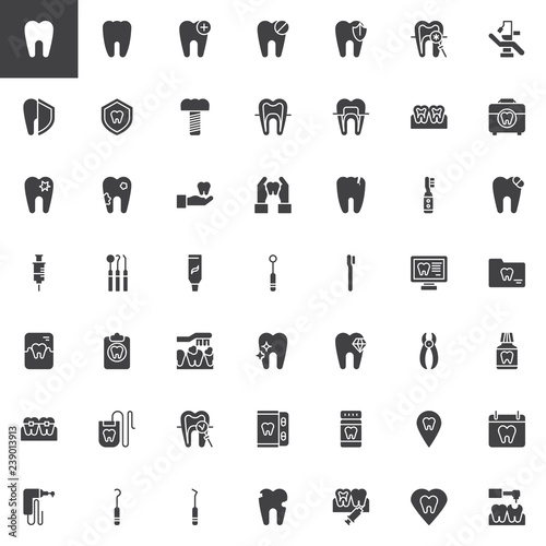 Dentist tools vector icons set, modern solid symbol collection, filled style pictogram pack. Signs, logo illustration. Set includes icons as Human Tooth, Implants, Caries, Dental Braces, Anesthesia