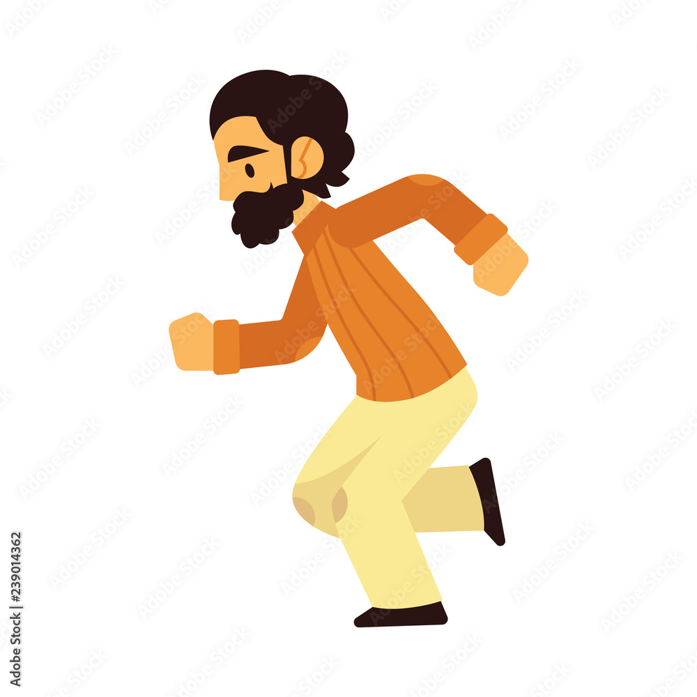 Vector illustration of young bearded man in casual clothing running forward in flat style isolated on white background. Side view of hurrying male character moving and jogging.