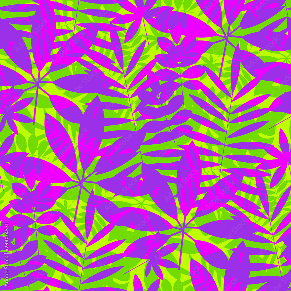 Tropical leaves in vivid violet and green colors.