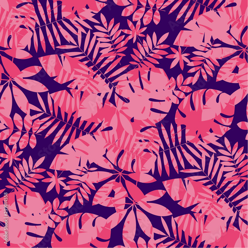 Tropical leaves in rose coral and deep blue colors