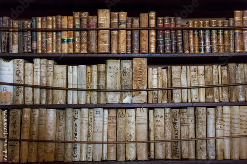 Mallorca, Balearic Islands, Spain - July 21, 2013: Books in the library in the old monastery Valldemossa Charterhouse in the room of Frederic Chopin and George Sand