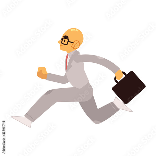 Smiling businessman in suit with briefcase running forward in flat style isolated on white background - side view of happy male business person hurrying and moving fast in vector illustration.