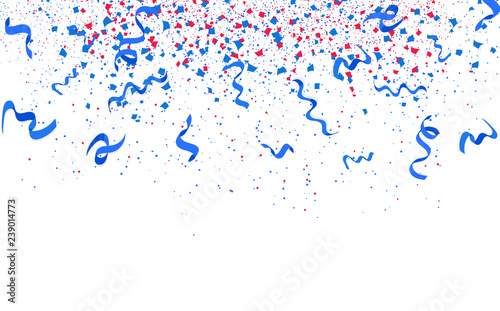 Confetti, ribbons, spots scatter ink splash falling holiday, celebration, party, festival and sales event on white space abstract background vector illustration