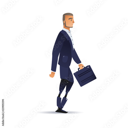 Vector illustration of businessman with artificial legs in dark blue suit with briefcase walking forward - isolated side view of successful business person with bionic limbs in flat gradient style.