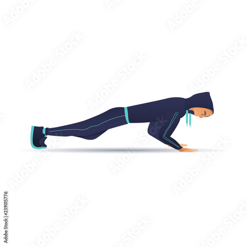 Young sportsman doing push-up vector illustration in flat gradient style. Male cartoon character in sportswear doing sport calisthenics exercise press-up isolated on white background.