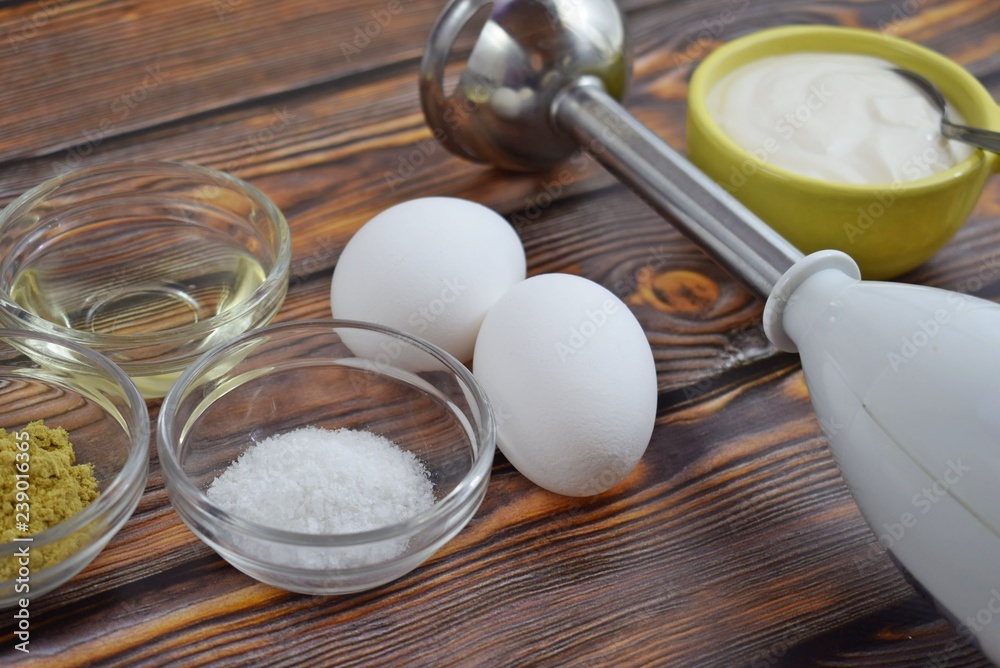 Ingredients for mayonnaise preparation.Prepare the homemade mayonnaise. Ingredients for mayonnaise preparation.Prepare the homemade mayonnaise.