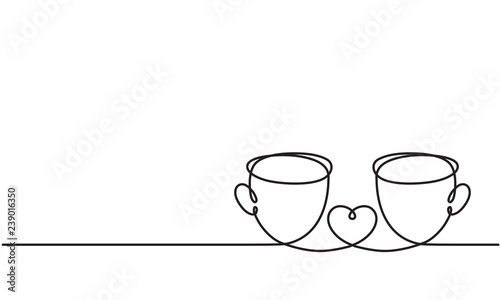 Сups and heart. Drawing by a continuous line.