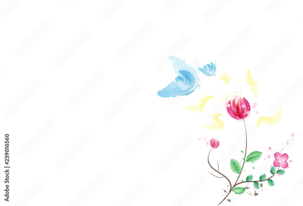 Watercolor, butterfly with pollen of flower, ink splatter nature concept abstract background vector illustration