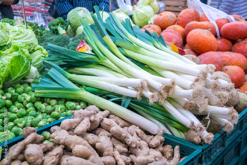 Leek and verious vegetables for sale at a market