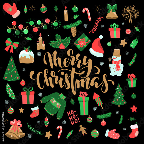 Happy New Year and Merry Christmas doodle set. Collection of xmas elements for design holiday greeting cards and invitations of the Merry Christmas and Happy New Year, seasonal winter holidays