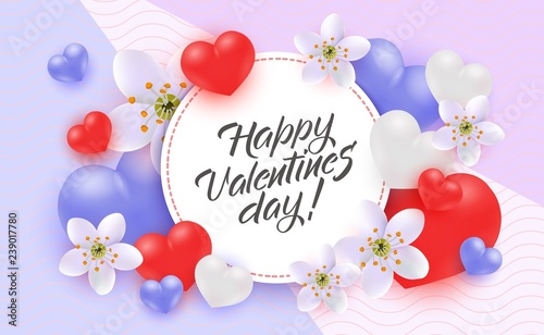 Vector happy valentines day poster with hearts, flowers in circle frame, hand written lettering. Romantic holiday invitation card, sale banner background, special offer, online store promo template.
