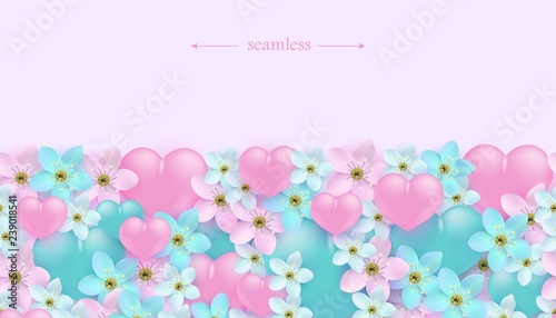 Vector illustration of hearts and flowers seamless border pattern - horizontal ornament with pastel pink and turquoise elements in realistic style for surface holiday design.