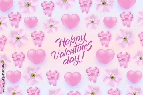 Vector happy valentines day poster, special offer banner with hearts, bow flowers pattern, hand written lettering. Romantic holiday commercial background online store clearance shopping promo template
