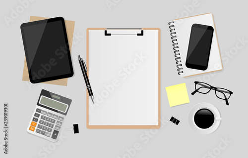 Blank white paper on clipboard with digital tablet, notebook, pen, black metallic paper clips, calculator, coffee cup, eyeglasses and smartphone on gray background. Vector illustration
