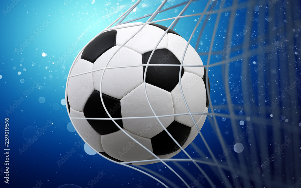 Fototapeta premium Soccer ball in goal on blue