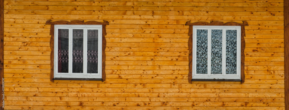 Two white wooden windows in the wall of raw brown wooden boards with knots. Frontal view. Close-up.