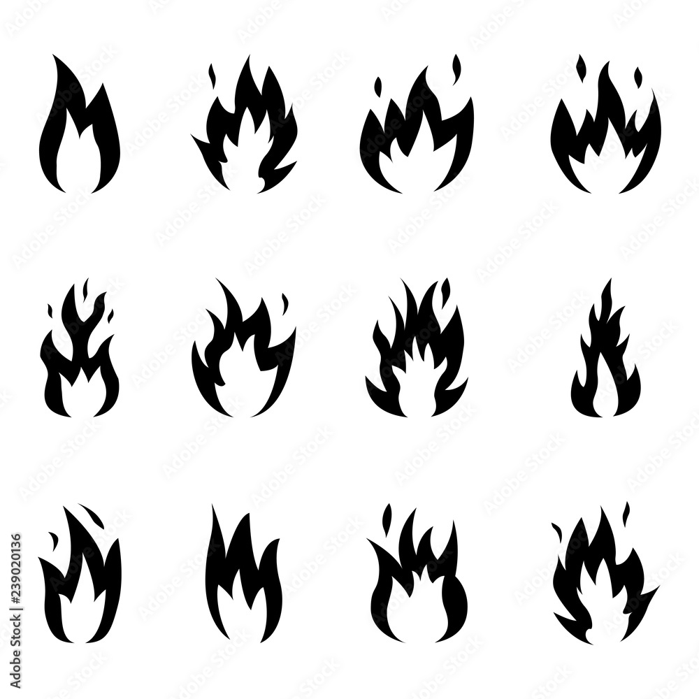 Flame fire icons set. Silhouette vector illustration. Flame fire icons set. Silhouette vector illustration.