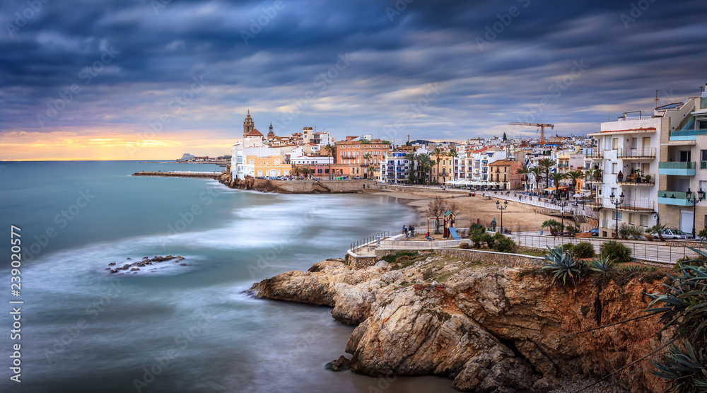 Sunset over Sitges, Catalunya, Spain. Sitges is a famous town near Barcelona, famous for it's nightlife and beaches. It is a gay friendly city.
