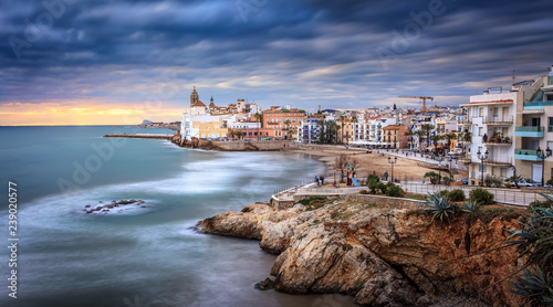 Sunset over Sitges, Catalunya, Spain. Sitges is a famous town near Barcelona, famous for it's nightlife and beaches. It is a gay friendly city.