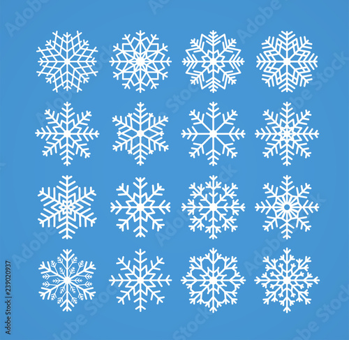 Snowflakes, winter christmas frosty snow line icons on blue background, vector illustration.