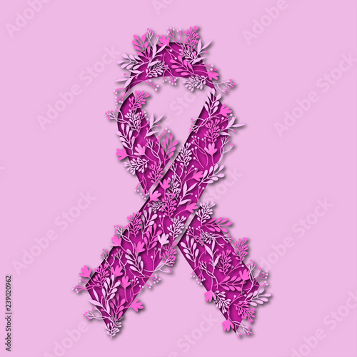February 4, world cancer day, pink vector paper cut breast cancer symbol full with flowers and leaves 
