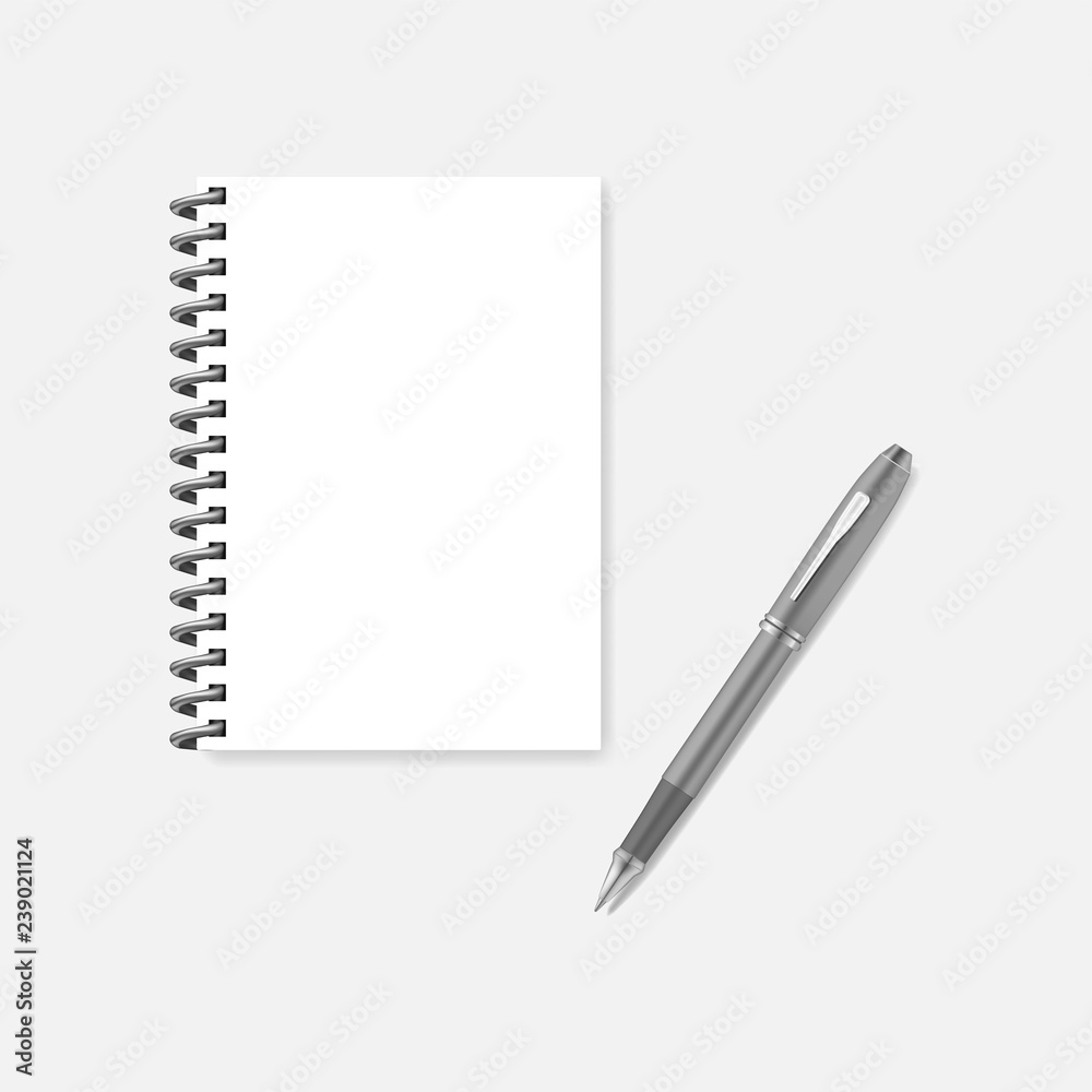 Spiral empty white A5 diary with ballpoint pen, realistic vector mockup Spiral empty white A5 diary with ballpoint pen, realistic vector mockup