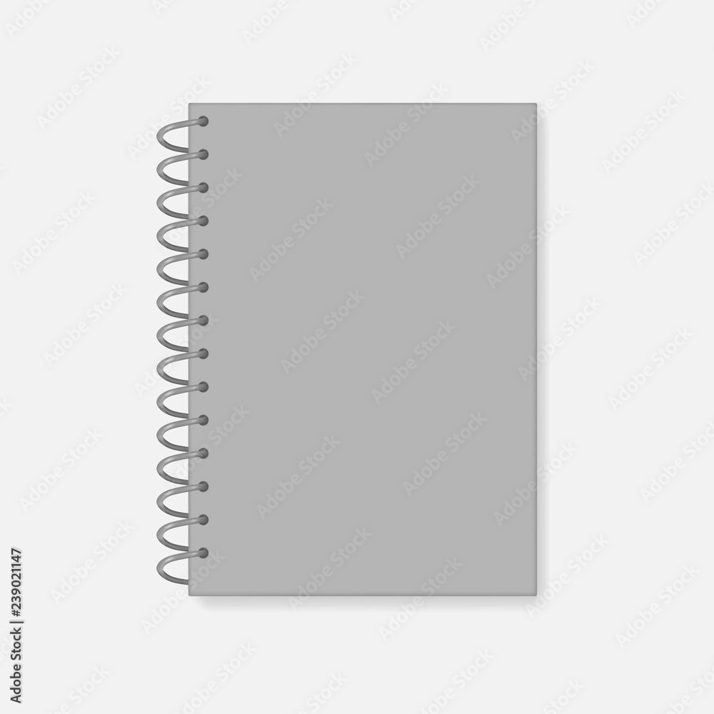 Closed wire spiral A4 gray cover notebook, realistic vector mock-up Closed wire spiral A4 gray cover notebook, realistic vector mock-up