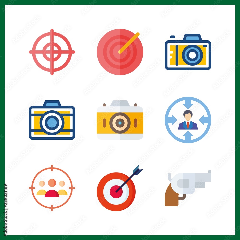 9 aiming icon. Vector illustration aiming set. photo camera and targeting icons for aiming works 9 aiming icon. Vector illustration aiming set. photo camera and targeting icons for aiming works