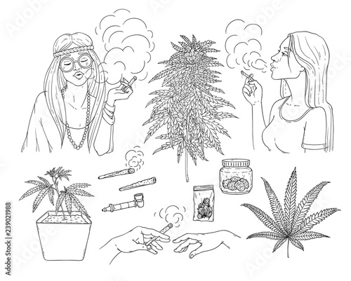 Vector cannabis smoking sketch collection. Hippie girl with weed joint, hemp spliff, young woman with cigarette, marijuana plant in pot, buds in package, hands with bong. Monochrome illustration