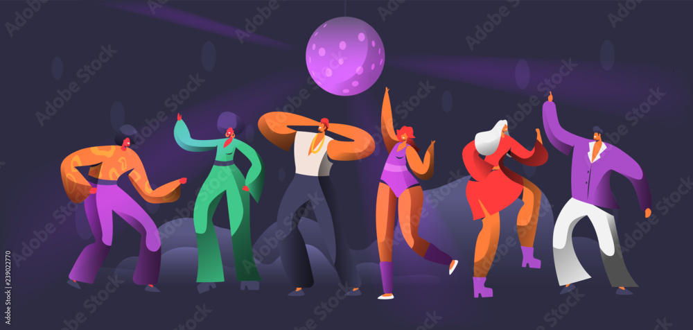 Party Dancer Character Dance in Nightclub. Disco Ball Over Group of People  Dancing. Happy Friends Clubbing Concept for Print Banner. Flat Cartoon  Vector Illustration Stock Vector | Adobe Stock
