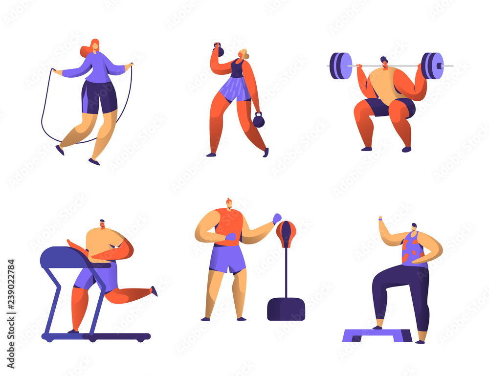 Stockvector Gym Fitness Character Set. Sport Cardio Workout Man and Woman Figure Collection. Healthy Aerobic Weightlifter, Boxer Trainer Flat Vector Illustration Adobe