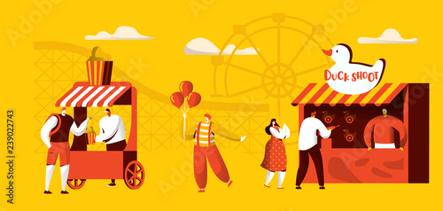 Amusement Park of Attractions Banner Template. Coaster rides, Circus Happy Clown Character with Balloon. Fun Entertainment Playground Flat Cartoon Vector Illustration