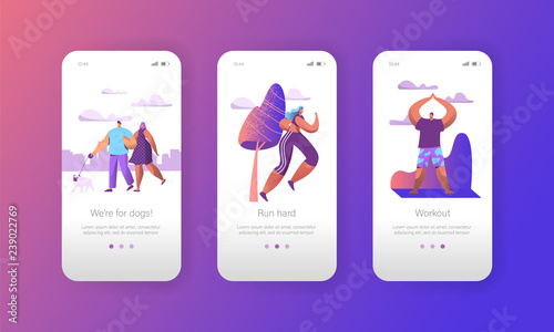 City Park Weekend Activity Mobile App Page Onboard Screen Set. Yoga meditation, Run, Walk Dog Summer Morning Activity Urban Outdoor Concept for Website or Web Page. Flat Character Vector Illustration