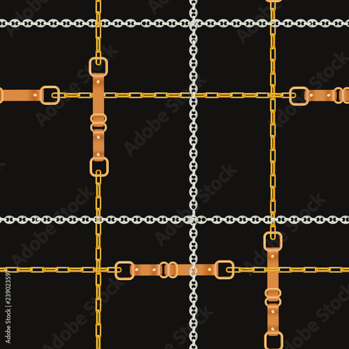 Fashion Seamless Pattern with Golden Chains and Straps. Chain, Braid and jewelry elements Background for Fabric Design, Textile, Wallpaper. Vector illustration