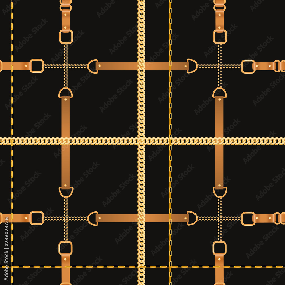 Fashion Seamless Pattern with Golden Chains and Straps. Chain, Braid